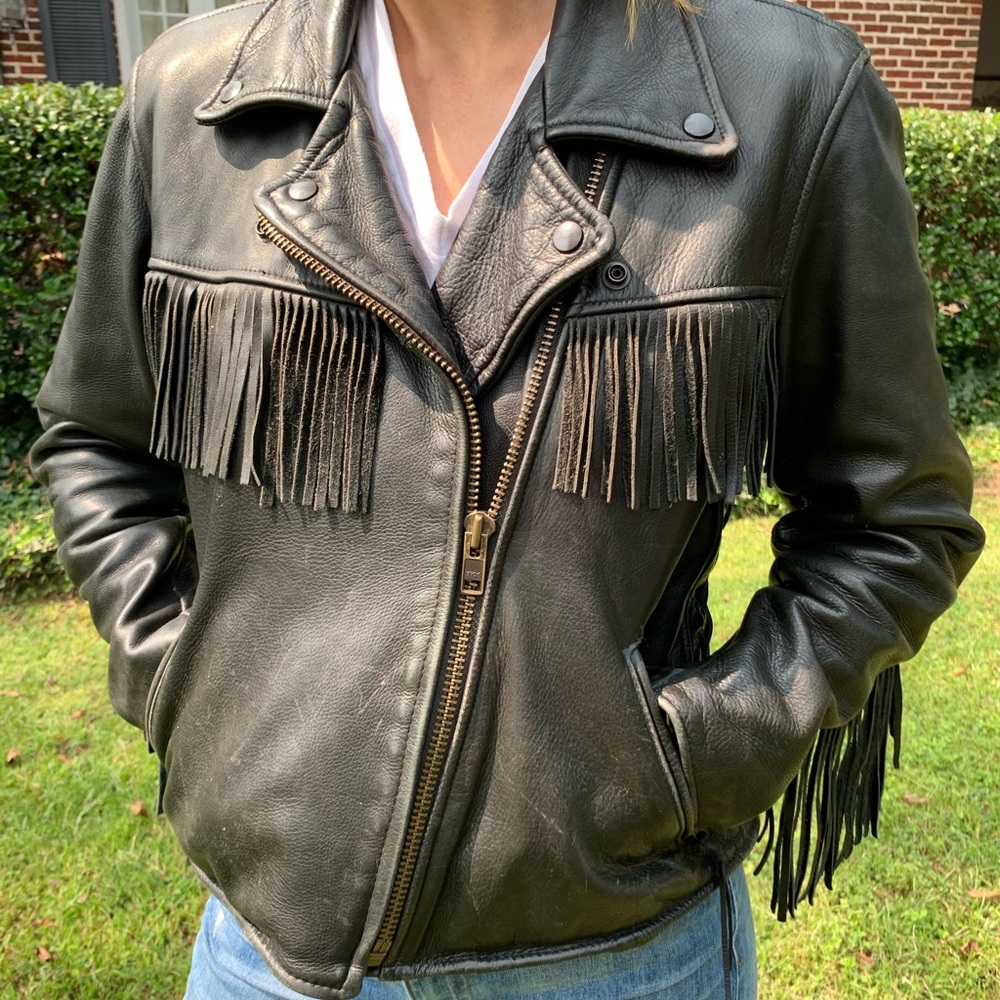 Black leather fringed motorcycle jacket